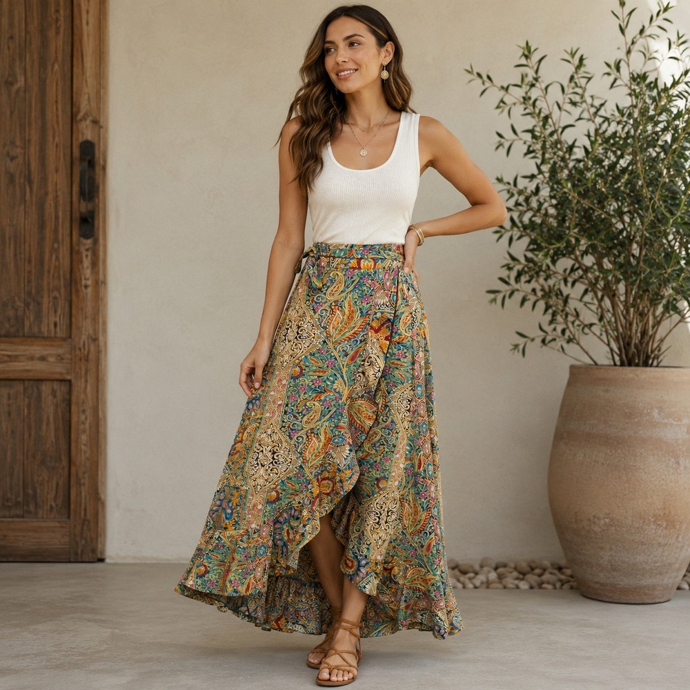 SHEIN Boho Paisley Wrap Maxi Skirt S 4 Convertible Strapless Dress Festival